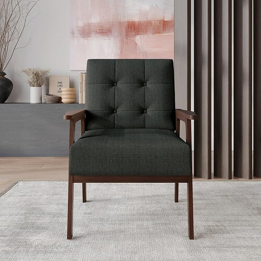 Accent Chair with Button-Tufted Linen Upholstery Wooden Armrests Cushioned Seat Easy Assembly Charcoal Grey