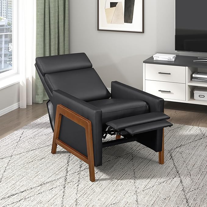Lexicon Push Back Recliner Chair Faux Leather Upholstered Reclining Chair with Footrest Exposed Dark Brown Finish Wood Frame Small Recliner for Small Space Living Room Bedroom Black