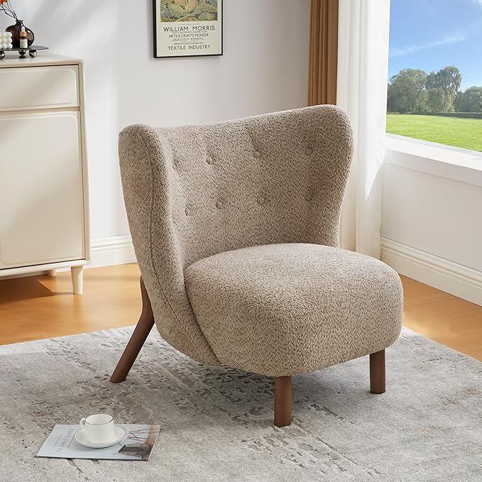 Scott Living Aurora Boucle Upholstered Wingback Accent Chair Solid Wood Living Room Slipper Chair Bedroom Comfy Reading Chair Brown