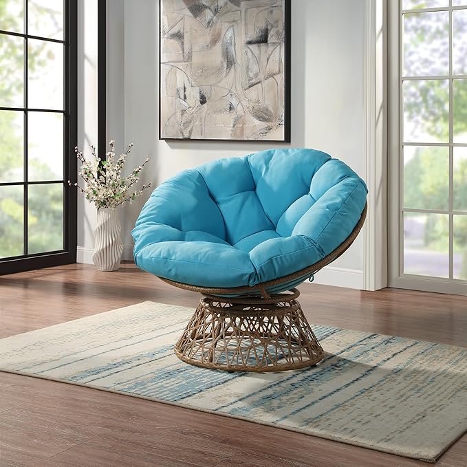 OSP Home Furnishings Wicker Papasan Chair with 360-Degree Swivel Natural Frame with Blue Cushion