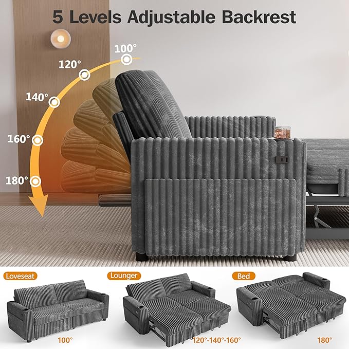 Sunny Heart 91 Plush Corduroy L Shaped Sectional Sleeper Sofa Bed with Pull Out Bed Reclining Backrest Reversible Storage Chaise USB Ports Cup Holders Tool Free Assembly Darke Grey
