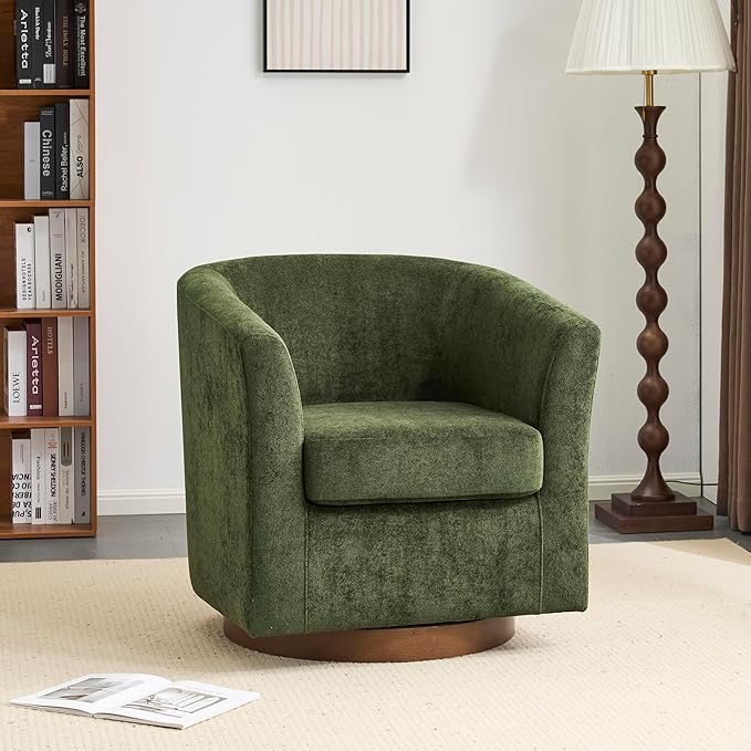 Christopher Knight Home Coles 360° Velvet Swivel Accent Chair Living Room Barrel Swivel Chair with Iron Frame Wooden Velvet Club Chair with Rotation No Assembly Required Olive Green+Walnut