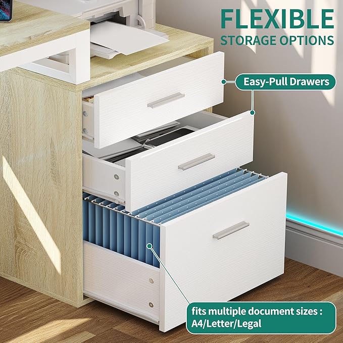 YITAHOME L Shaped Desk with 3 Drawers 65 Corner Computer Desk with Power Outlets &amp LED Lights L-Shaped Desk with File Cabinet &amp Printer Stand for Home Office White &amp Oak