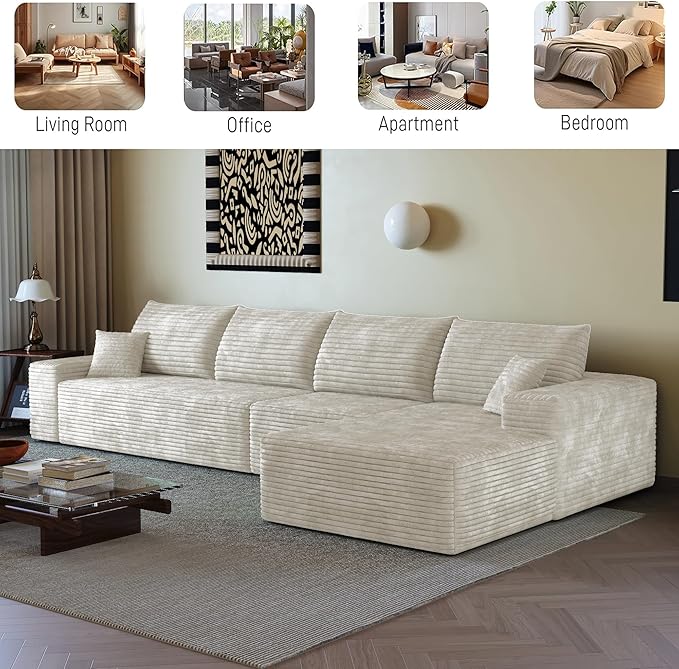 135.4 Boneless Couches for Living Room Modular Sectional Sofa with Oversized Chaise L-Shape Cloud Couch with Deep Seat High-Density Memory Foam No Assembly Required (White Right Facing Chaise)