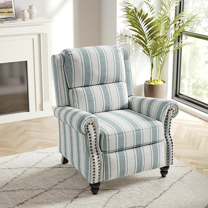 Recliner Chair Modern Pushback Armchair with Adjustable Backrest &amp Footrest for Bedroom Living Room (Blue StripeSet of 2)