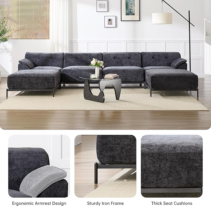 VKNOW 106 Couches for Living Room Modular Sectional Sofa with Wide Armrests and Solid Iron Frame Compressed Couch for Living RoomOfficeChenille FabricL-ShapedBlack