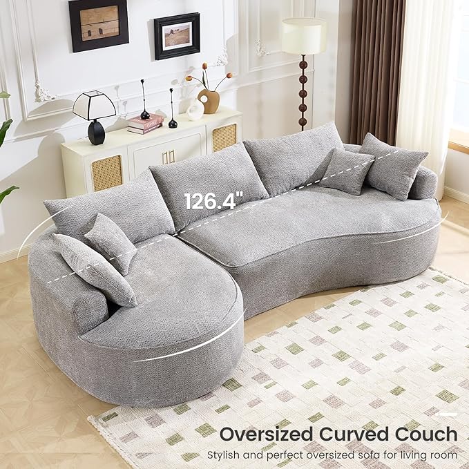 126” Oversized Curved Sectional Sofa L Shaped Chenille Boneless Couch with Deep Seat &amp 7 Pillows for Living Room Bedroom No Assembly Required (Grey)