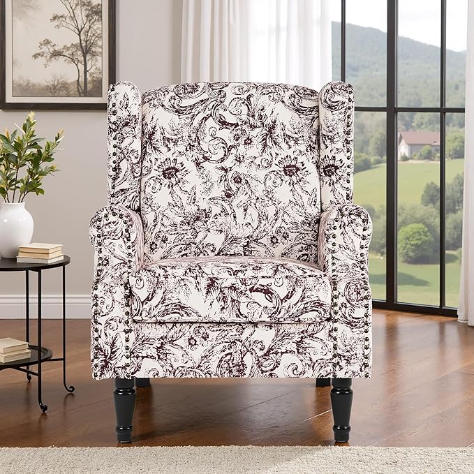 Floral High Back Accent Chair Upholstered Armchair with Solid Wood Legs Comfy Wingback Reading Single Sofa Chair for Small Spaces Living Room Bedroom(Floral Rococo Plum Set of 1)