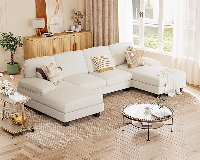 JUMMICO Sectional Couches for Living Room U Shaped Couch with Chenille Fabric 4 Seat Modern Sofa with Removable Pillows for Apartment and Small Space (Fabric White)