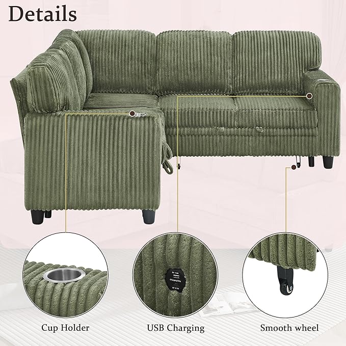 81 Convertible L Shaped Sleeper Sofa Couch with Pull Out Sofa Bed Sleeper Bed with Oversized Storage USB Ports &amp Cup Holder Sectional Couches for Living Room Green Corduroy