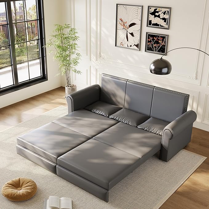 93.7 King Pull Out Sofa Bed Faux Leather Sleeper Sofa Couch 3 in 1 Convertible Futon Couches for Living Room Small Space Apartment Office Bedroom Modern Rivet Armrest Grey