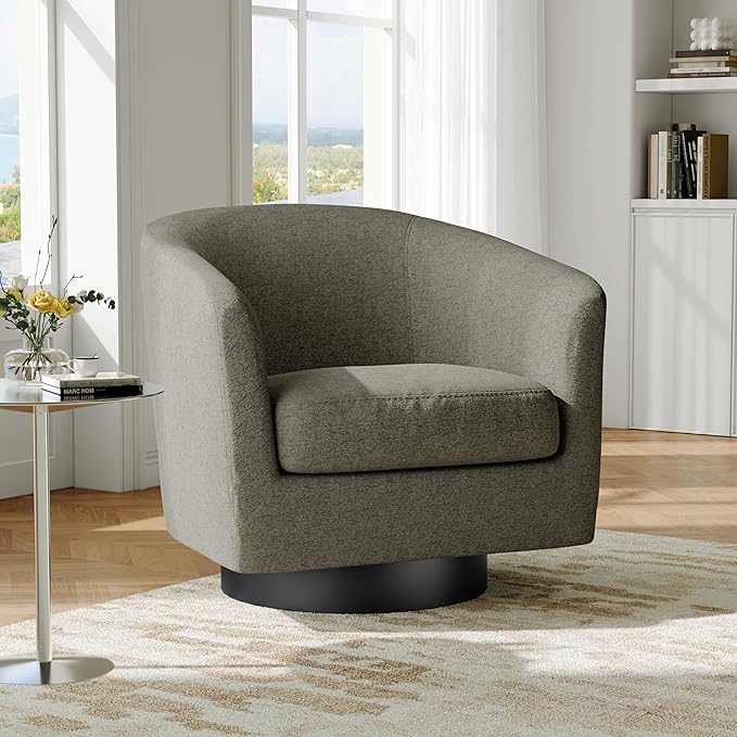 Swivel Barrel Accent Chair Modern 360° Swivel Round Barrel Chairs with Curve Back Upholstered Chenille Fabric Armchair Single Sofa Club Chair for Living Room Bedroom Tan