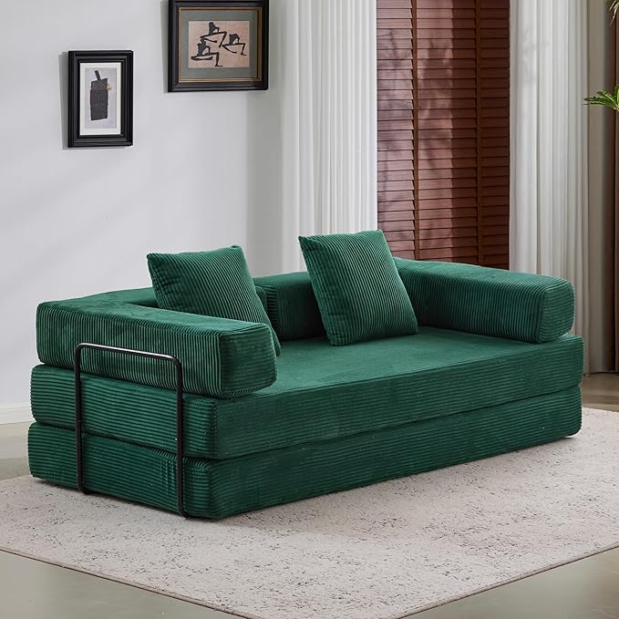 Convertible Couch Sofa Bed Foldable Floor Sleeper | Modern Fold Out Couch | Removable Backrest &amp Armrests | No Assembly Compression Sofa Sleeper for Living Room Bedroom | Corduroy Fabric Green