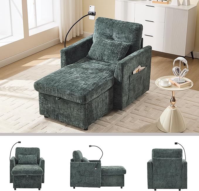 Multifunctional Sofa Recliner Chairs with Storage Cell Phone Bracket Chenille Recliner Chair Bed with Side Pockets and High Backrest Modern Living Room Single Lounge Chair (Emerald)