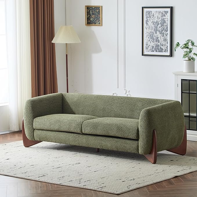 Christopher Knight Home Almab 82 Inches Sofa Couch Cozy Boucle Upholstered 3-Seater Sofa Wood Frame Couch Comfy Couches for Living Room and Office Modern Soft Plush Sofa Olive Green