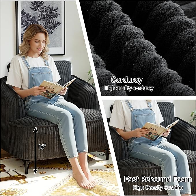 36 Lounge Chair with Metal Leg Accent Chair with Plush Corduroy Upholstery Ergonomic Back &amp Boneless Comfort for Living Room Bedroom Office No-Assembly Charcoal Black