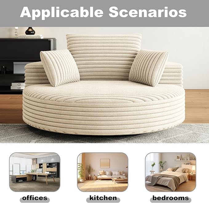 TTK 55” Oversized Corduroy Swivel Chair Fluffy 360° Rotating Sleeper Armchair with Pillows &amp Headrest Full Foam Barrel Chair for Living Room Bedroom Reading Nook Lounge or Apartment Beige