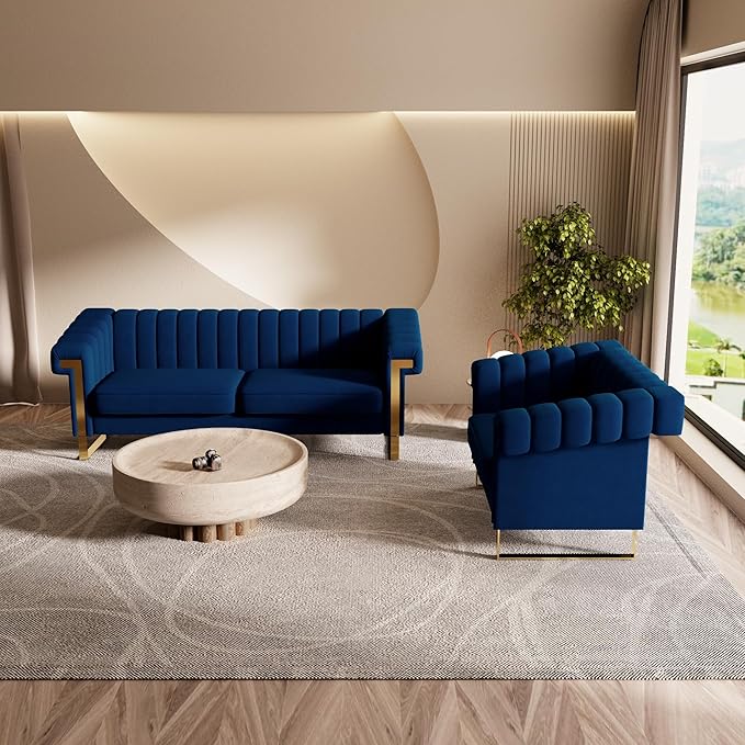 Mid-Century Modern Blue Velvet Single Sofa with Gold Metal Legs 49 Luxury Chesterfield Comfy Blue Sofa Chair for Living Room (Blue-1 Seater)