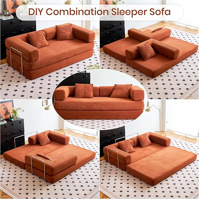 Compression Sofa - 62''Convertible Floor Sofa Bed - with Pillow Back Support Armrest - Comfy Foldable Sofa Bed Compressed Sofa in Box - Corduroy Fabric - for Living Room Bedroom (Orange)