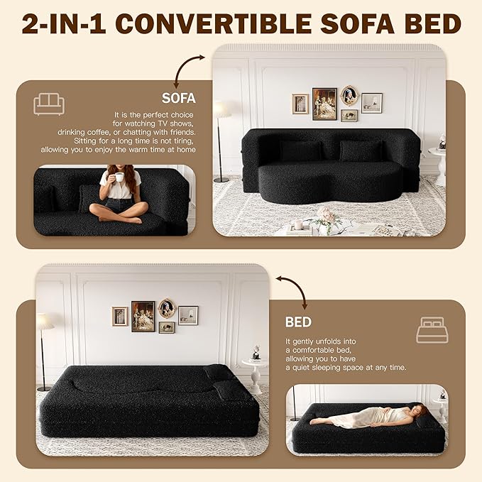 Convertible Sofa Bed Full Size｜78 Sleeper Couch with 2 Pillows｜Boucle Fabric Folding Sofa Bed｜High-Density Foam｜No Assembly｜Space-Saving｜for Living Room Guest Room｜Black