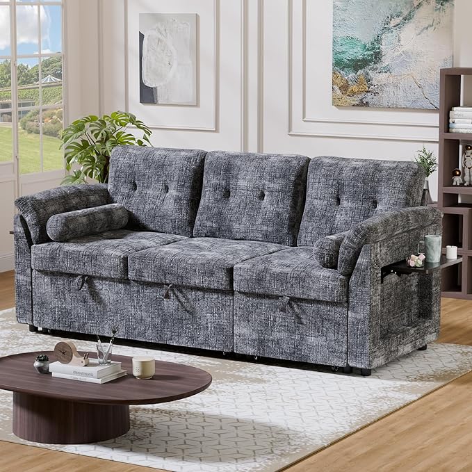 Convertible Queen Sofa Bed 63 Inch Chenille Pull Out Couch with Side Table 3 Seat Pull Out Sofa Bed with Level Adjustable Backrest Comfy Sleeper Sofas for Living Room Apartment Gray