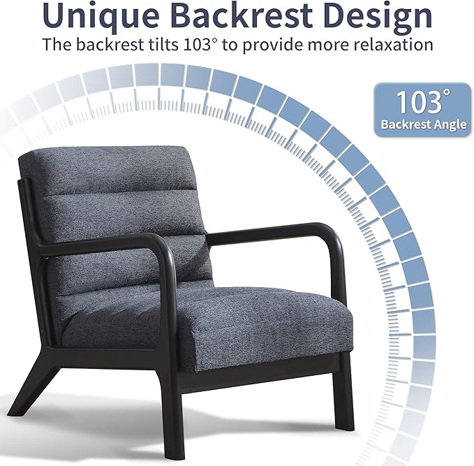 VKNOW Accent Chairs with Rubberwood Frame Accent Chairs Set of 2 Mid-Century Modern Upholstered Reading Armchair High Back Lounge Armchair Living Room Chair for Bedroom Reading Room Dark Blue
