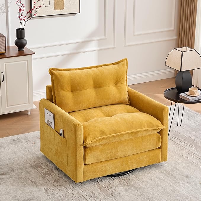 Swivel Accent Chair Recliner - Modern Barrel Chairs with 360° Rotation Thick Padded Upholstered Armchair Cozy Comfy Single Sofa for Living Room Bedroom CornerMustardyellow