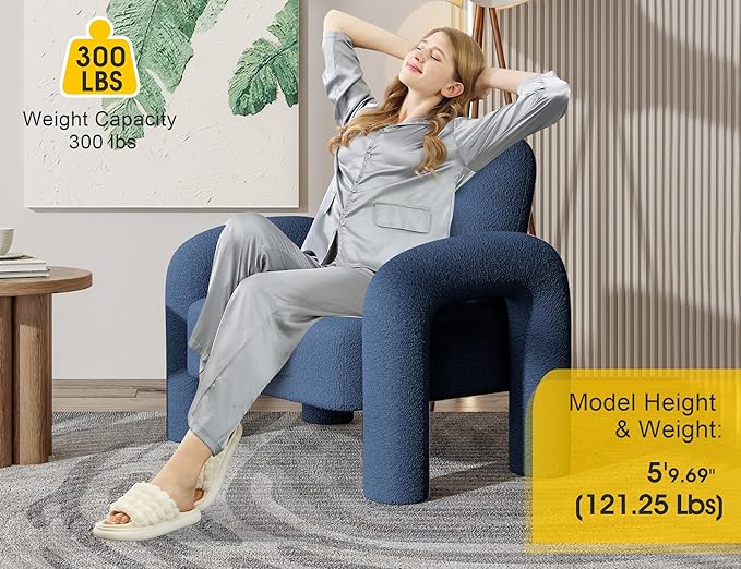 Modern Sherpa Accent Chair Teddy Upholstered Arm Single Sofa Cozy Fluffy Reading Chair for Living Room Bedrooms Corner (Navy Blue)