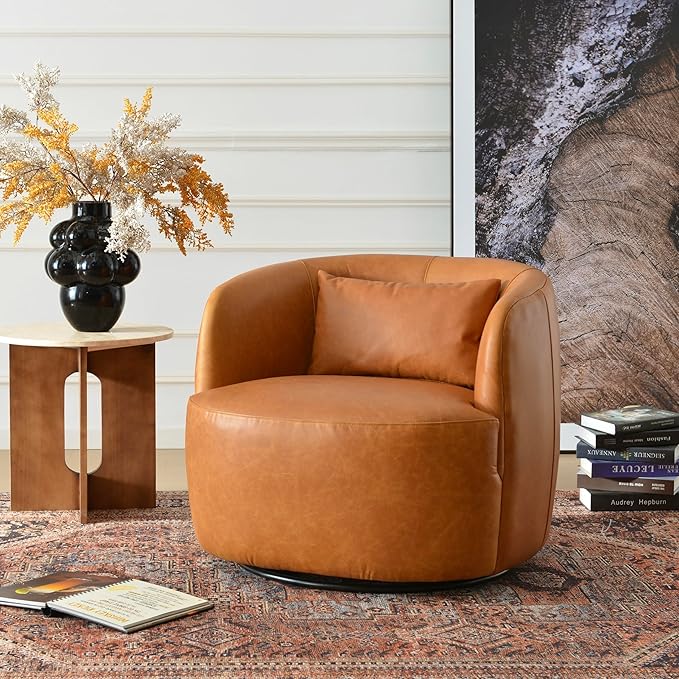 KINWELL 33'' W 100% Top Grain Genuine Leather Swivel Barrel Armchair No Assembly Round Upholstered Leather Swivel Accent Chairs with Toss Pillow for Living Room Office Lounge Camel