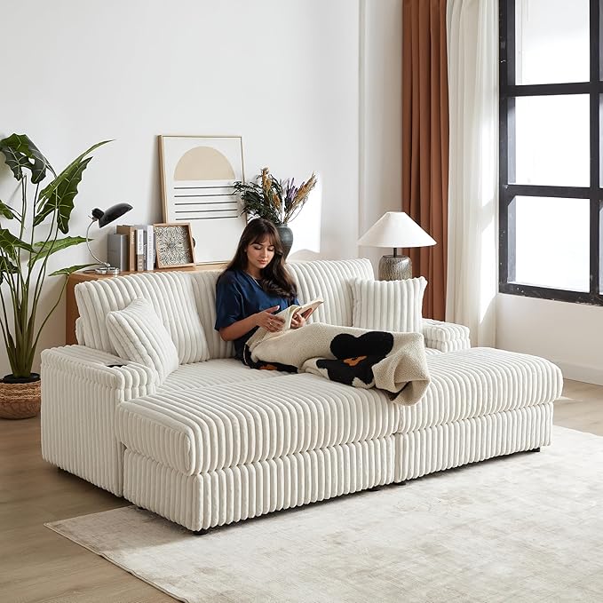 84Inch Corduroy 3-Seater Sofa with 3 Back Pillows2 toss Pillows a Ottoman2storage Spaces and Cup-Holding Grooves Comfy Sofa- Deep Seat Couch for Living RoomBeige