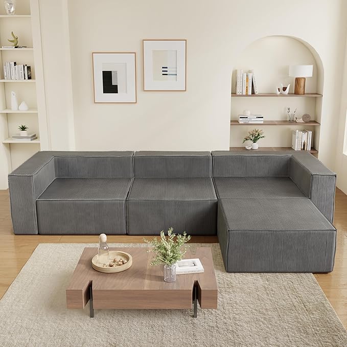 DONICK Premium Modern Modular Sectional Comfy Cloud Couch Corduroy Sofa with Deep Seat Upholstered Couches DIY Combination No Assembly Required for Living Room Bedroom Gray Ottoman