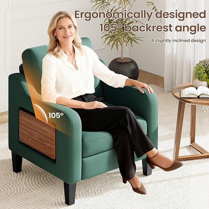 Accent Chair for Living Room Modern Linen Upholstered Armchair Side Wooden Fabric Sofa Chair with Foldable Table 2 Side Pockets Comfy Reading Chair for Bedroom