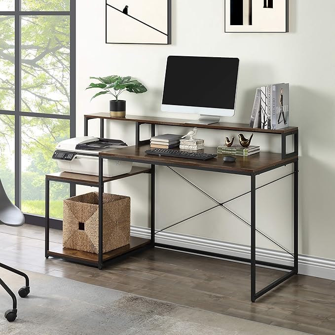 Home Office Computer Desk with Storage Shelves and Monitor Stand Riser Shelf Study Writing Desk Computer Table (Old SKU: WF198006AAT)