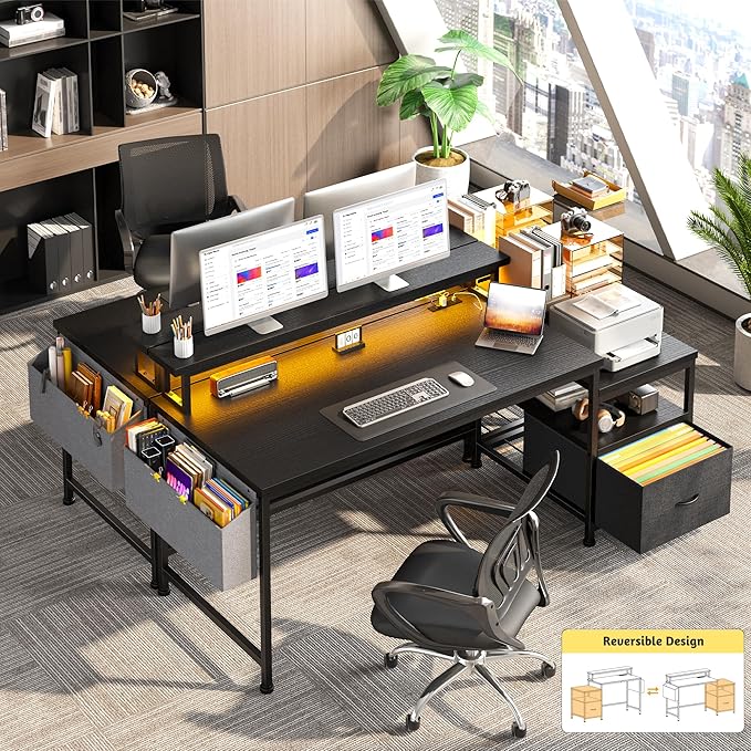 Gaming Desk with Monitor StandComputer Desk with LED Lights &ampPower OutletsOffice Desk with Drawers &amp Printer ShelfWriting Table with Side Storage Bag57 W x 20 D x 36 HBlack Desk