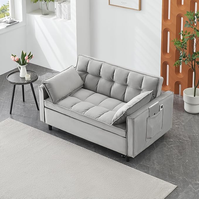 55 Modern Velvet Loveseat Sleeper Sofa 3-in-1 Convertible Pull-Out Bed with Adjustable Backrest 2 Pillows &amp Side Pockets Small Pull Out Couch for Living Room Apartment(Gray)