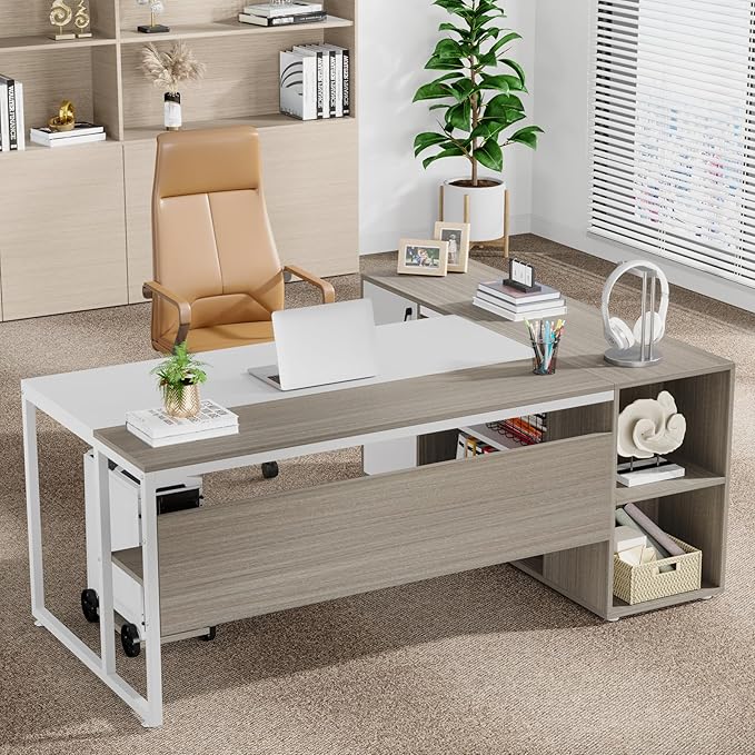 Tribesigns 71 inch Executive Desk L Shaped Desk with Cabinet Storage Executive Office Desk with Shelves Business Furniture Set Workstation for Home Office Gray and White