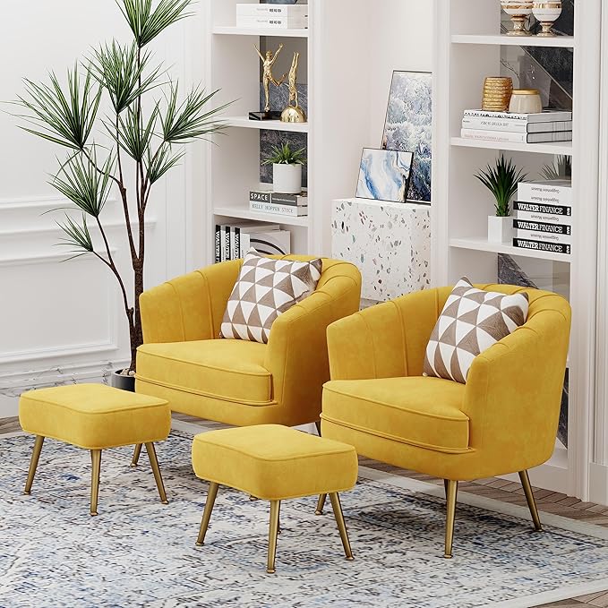 Andeworld Velvet Accent Chair with Ottoman Upholstered Modern Single Sofa Side ChairComfy Barrel Club Living Room Armchair with Golden Metal Legs for Bedroom Living Reading Room Office Yellow