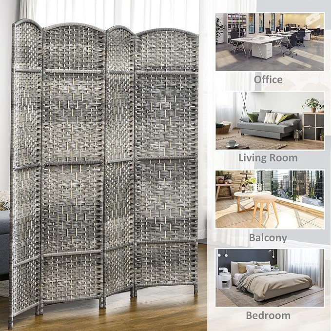 HOMCOM Room Divider 6 Ft 6 Panel Folding Privacy Screen Hand-Woven PP Wall Partition with Pine Wood Frame Freestanding Room Separator for Bedroom Home Office No Assembly Mixed Gray