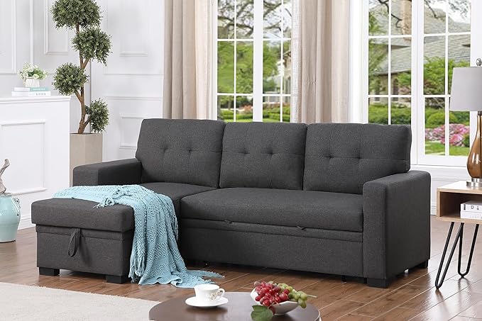 Ball &amp Cast L-Shape Reversible Sectional Sleeper Sofa Bed 4 in 1 Pull Out Couch with Storage Chaise USB Ports &amp Cup Holder Convertible Sleeper Corner Couch Pull-Out Sofa Bed for Living Room Of