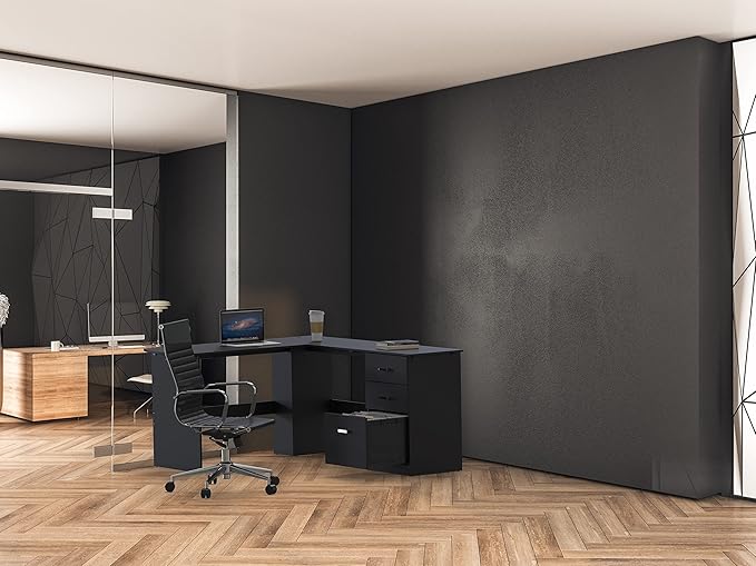 SHW 51 x 59 Inches L-Shaped Home Office Wood Corner Desk with Box Box File Drawers Black
