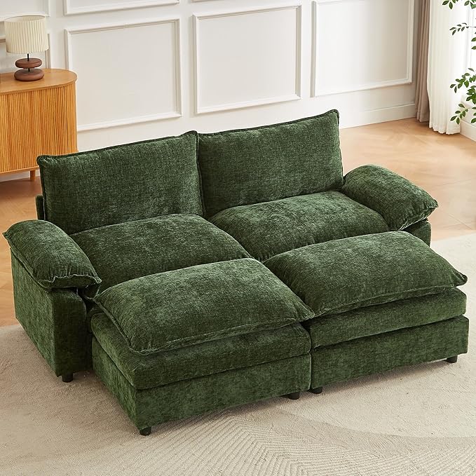 Modular Sectional Sofa 80.3 Inch U Shaped Couch Set with Armrests 3-Seater Comfy Cloud Boneless Couches with 2 Movable Ottomans for Living Room Apartment Dark Green