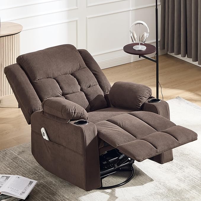 Swivel Rocker Recliner Chair for Adults with Massage and Heat Cup Holders and Side Pockets Glider Rocking Reclining Single Sofa Chair for Living Room (Cocoa)