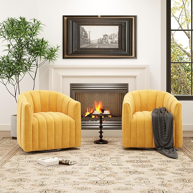 Swivel Accent Chair Velvet Barrel Arm Chair for Living Room Pumpkin Shaped Curved Chair with Metal Base for Bedroom Balcony Study Room（Yellow Set of 2）