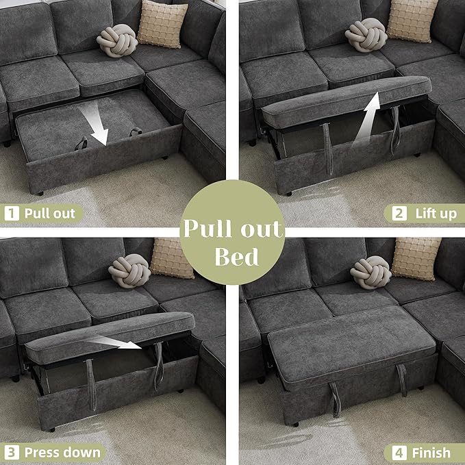 107 Inch Sectional Sleeper Sofa with Pull Out Bed 7 Seat U Shaped Modular Sectional Sofa with Storage Ottoman USB Port &amp 6 Pillows Sectional Couches for Living Room &amp Apartment Modular Cou