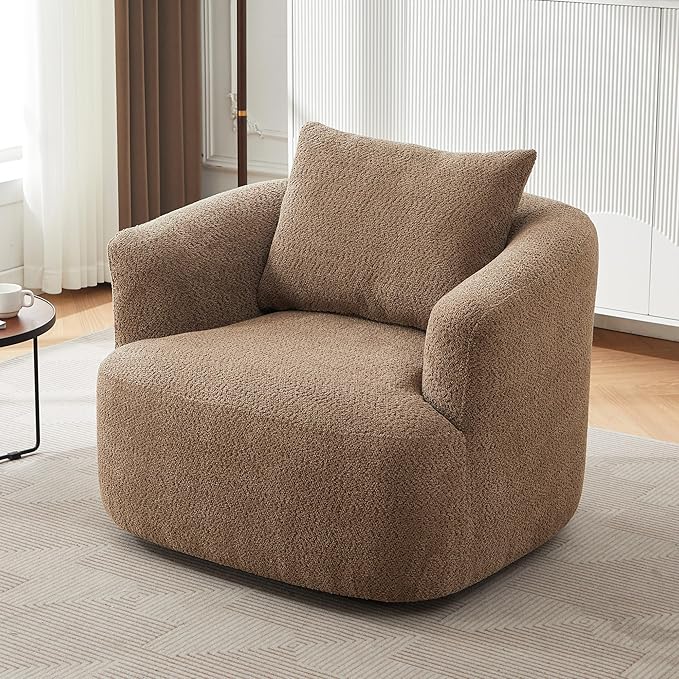 360° Swivel Chair 38.2 Accent Chair Sofa Chenille Upholstered Swivel Barrel Sofa Chair with a Throw Pillow for Living Room Bedroom Office and Hotel (Dark Brown@52)