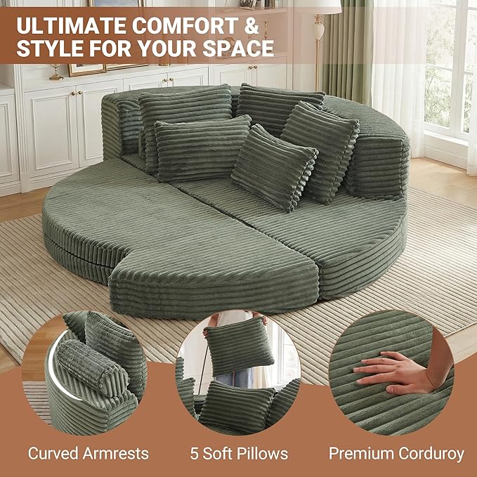 Round Chaise Lounge Chair 2-in-1 Convertible Folding Futon Sofa Bed Corduroy Boneless Cloud Couch Bed Compressed Memory Foam Couch Modular Foldable Floor Sleeper Sofa with 5 Pillows