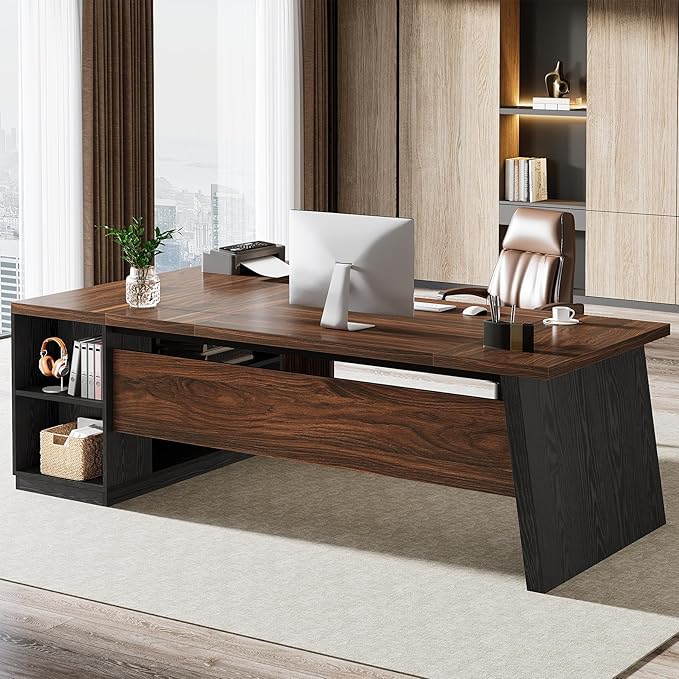 Tribesigns 78 L Shaped Executive Desk Large Office Desk with Drawers and Storage Shelves Modern Corner Computer Table Business Furniture for Home Office (Walnut &amp Brown)