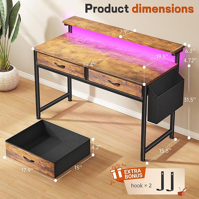 Gaming Desk with LED Lights &amp 2 Fabric Drawers 39.4Inch Home Office Computer Desk with Side Pocket &amp Ergonomic Monitor Stand Small Space Study Writing Table with Anti-Tip Design Rustic Brow