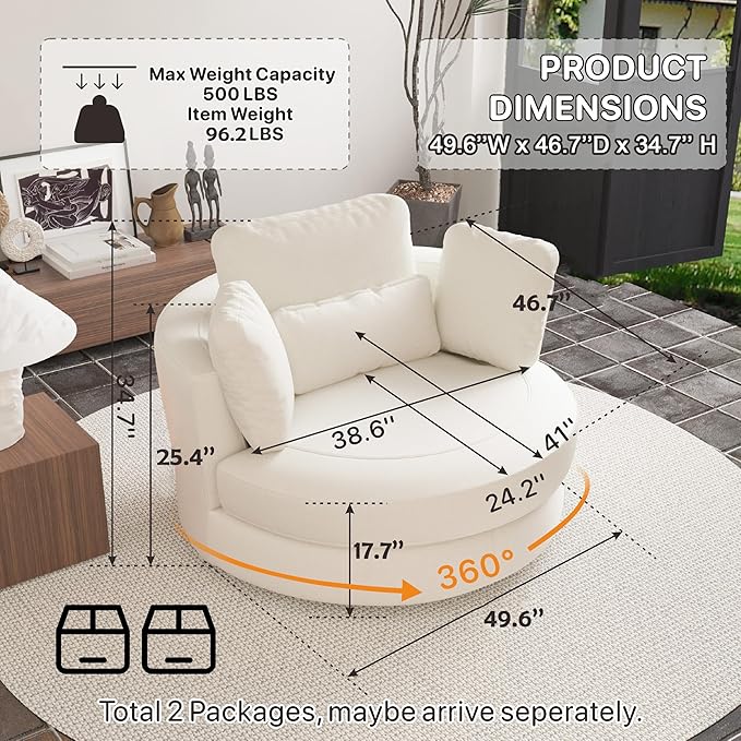49.6''W Swivel Accent Barrel Chair Oversized Chenille Upholstered Round Single Couch Sofa with 4 Pillows for Living Room Apartment Bedroom (Beige).