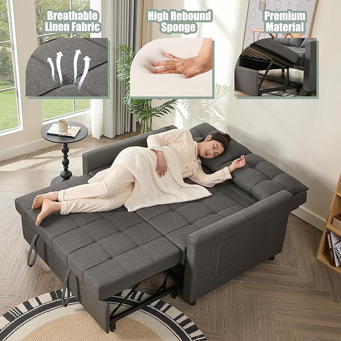 52 Sleeper Sofa with Pull-Out Bed 3-in-1 Convertible Sofa Bed Set of Loveseat with Stepless Adjustable Backrest and Side Pocket for Living Room Dorm Apartment Linen Dark Gray